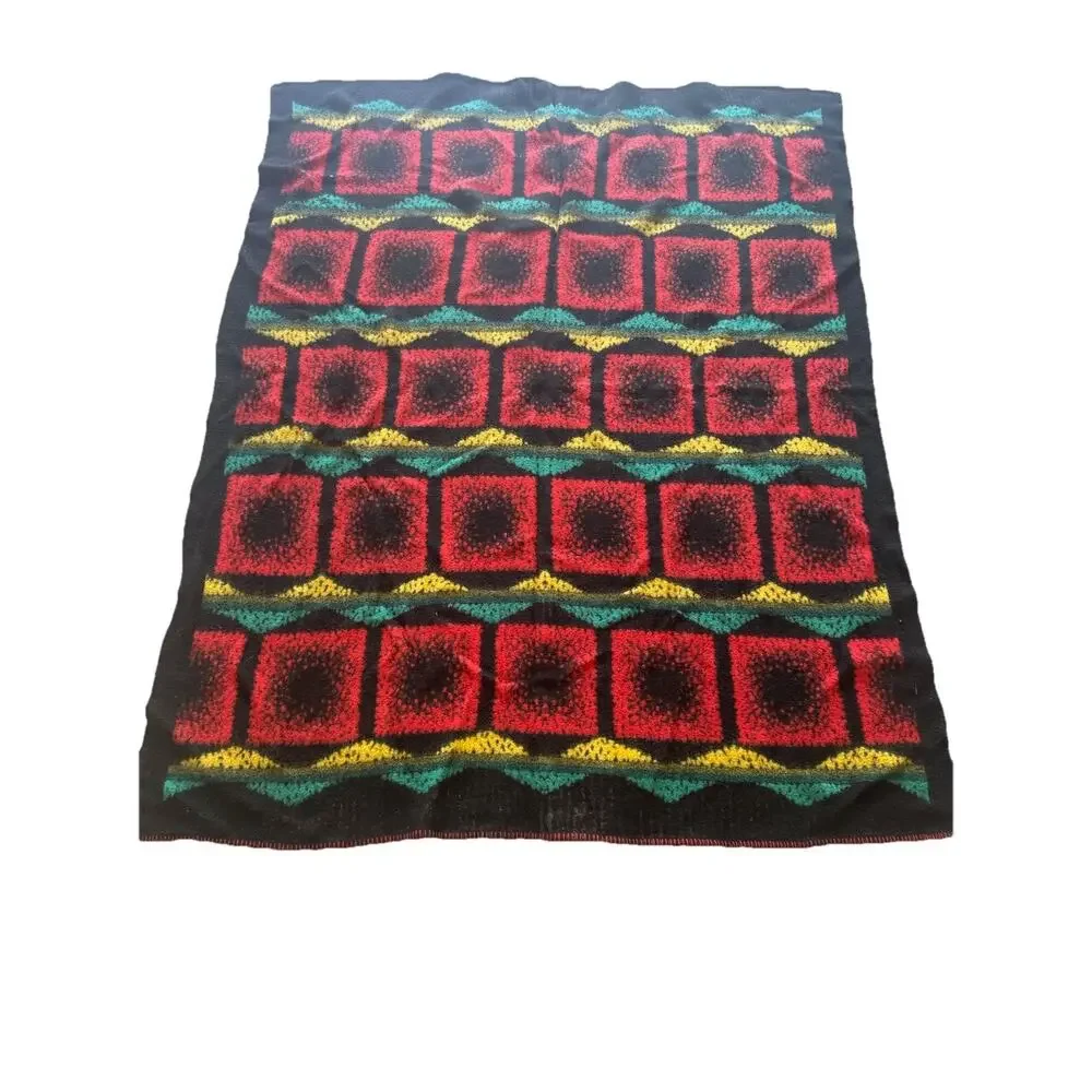 Vintage 1980s Reversible Wool Blend Acrylic Throw Blanket Retro Geometric